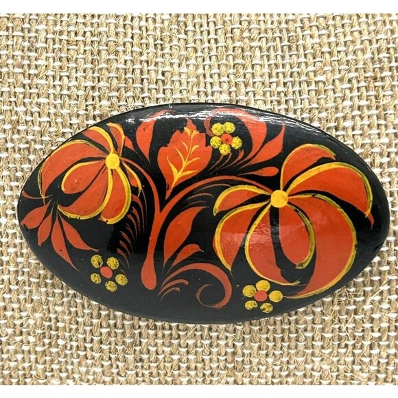 Estate Jewelry - Vintage Hand-Painted Floral Black & Red Wooden Brooch Pin